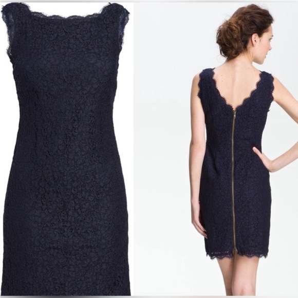 Adrianna Papell Boatneck Lace Sheath Cocktail Dress Navy Blue Size 8 - Picture 1 of 7
